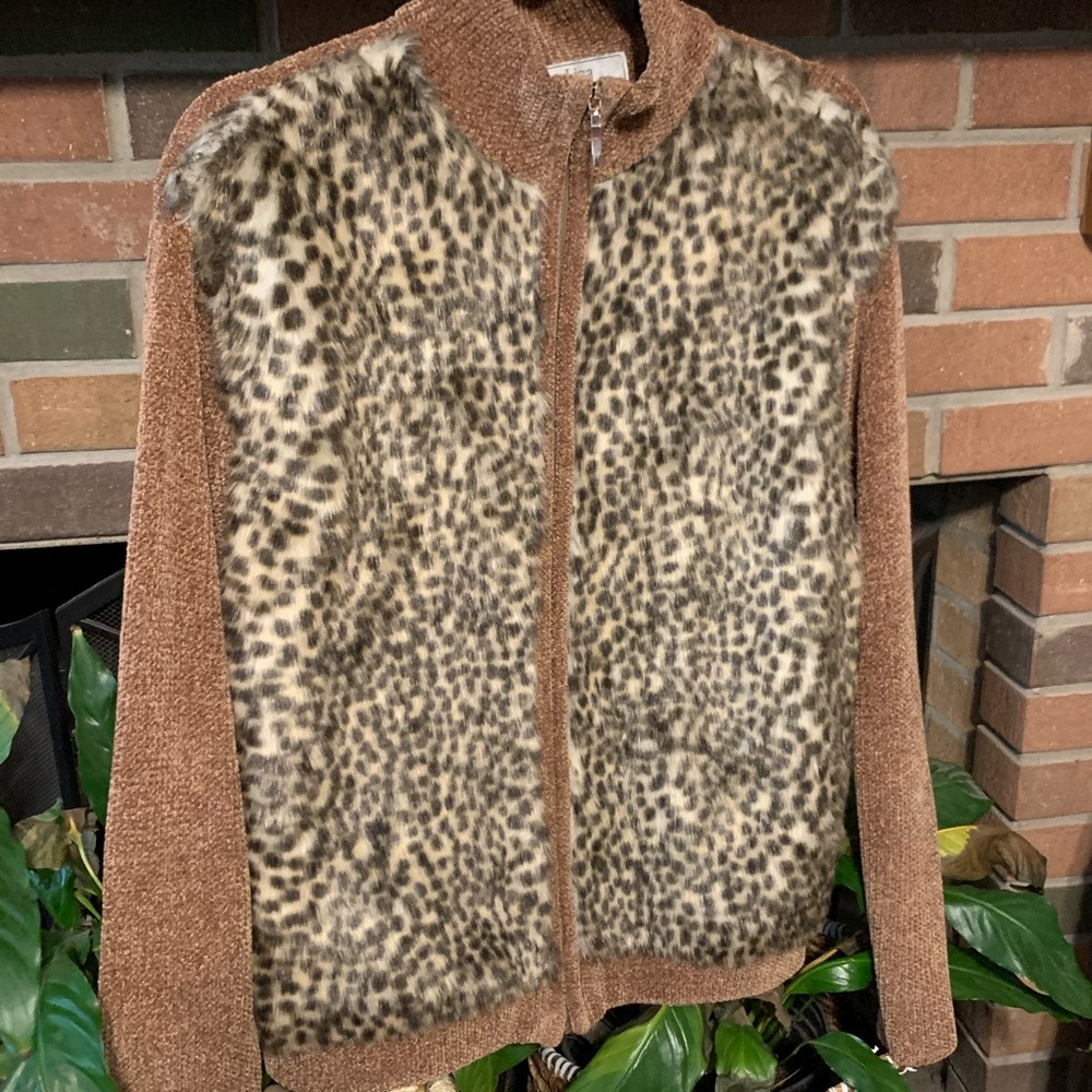 Vtg L Chenille Animal Print Faux Fur Sweater Jacket - Picture 10 of 12